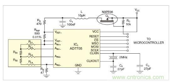 圖1：測量電路測三個點的值，微控制器就可以計算出傳感器值
