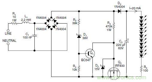 圖2：斬波工作類似圖1中的電路，但以較大的LED串聯(lián)電阻代替了恒流源，提供限流功能