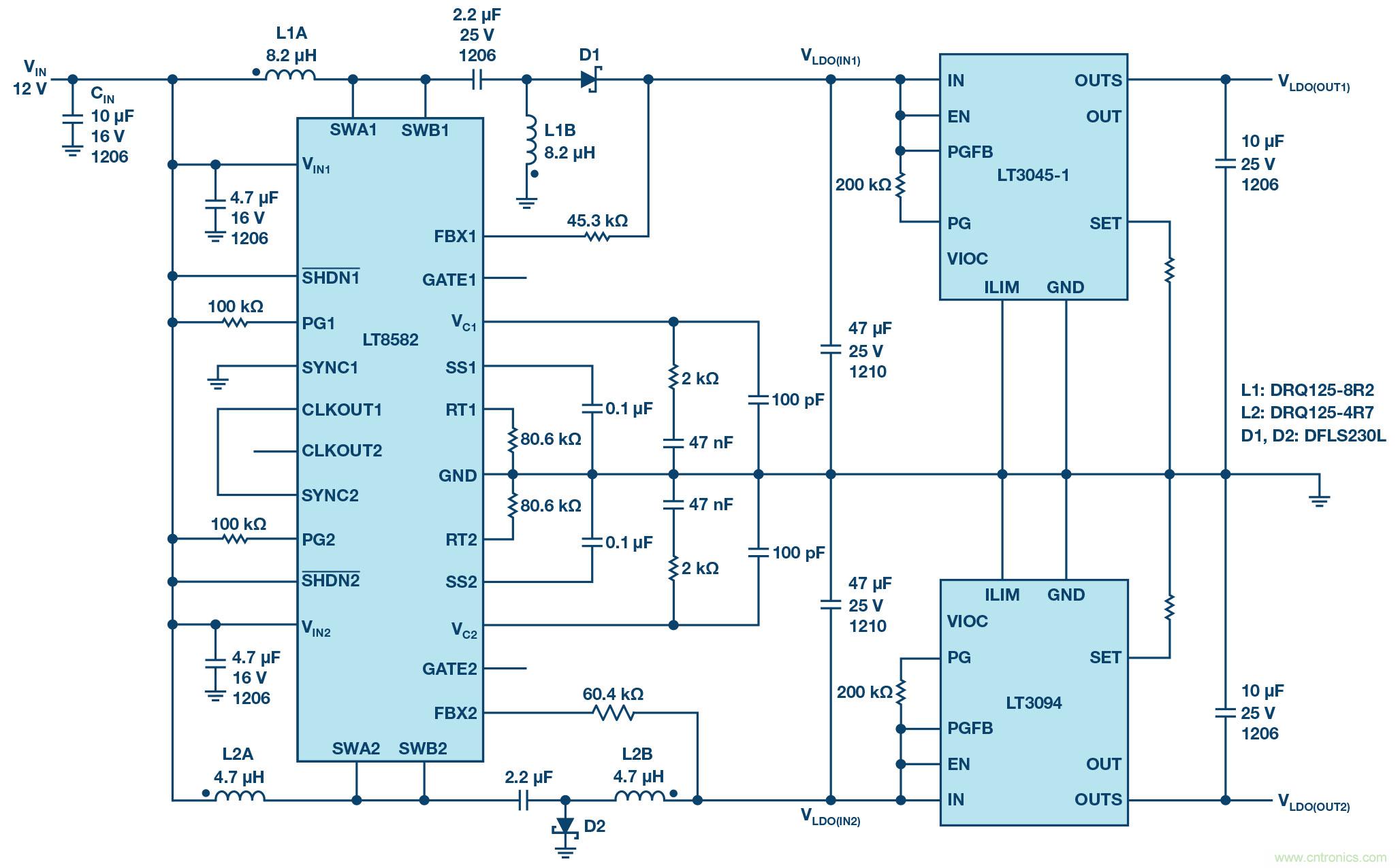 負(fù)線性穩(wěn)壓器在1MHz下具有0.8&mu;V RMS噪聲和74dB電源抑制比