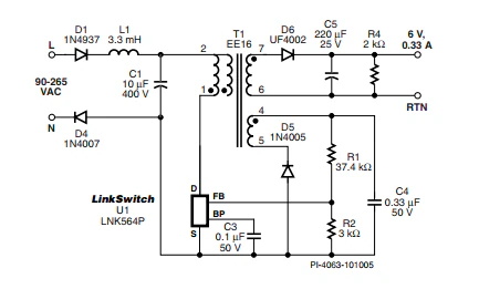 LinkSwitch-LP 系列旨在取代手機(jī)/無繩電話、PDA、數(shù)碼相機(jī)和便攜式音頻播放器等應(yīng)用中輸出功率 < 2.5 W 的低效線頻線性變壓器電源。LinkSwitch-LP 還可用作白色家電等應(yīng)用中的輔助電源。  LinkSwitch-LP 將高壓功率 MOSFET 開關(guān)與 ON/OFF 控制器集成在一個設(shè)備中。它完全由漏極引腳自供電，具有低 EMI 的抖動開關(guān)頻率，并且具有全面的故障保護(hù)。自動重啟可限制過載和輸出短路條件下的器件和電路耗散，而遲滯過溫保護(hù)會在熱故障期間禁用內(nèi)部 MOSFET。EcoSmart 技術(shù)使設(shè)計能夠輕松實現(xiàn) < 150 mW 的空載功耗，滿足能源效率要求。  LinkSwitch-LP 的設(shè)計目的是在輸出功率低于 2.5 W 時無需初級側(cè)鉗位電路，從而顯著減少組件數(shù)量和總系統(tǒng)成本。圖 1 顯示了基于 LinkSwitch-LP 的 2 W 電源，不帶初級側(cè)鉗位。LinkSwitch-LP 系列經(jīng)過優(yōu)化，當(dāng)變壓器上的輔助或偏置繞組提供反饋時，可提供近似的 CV/CC 輸出特性。這非常適合取代工頻變壓器的應(yīng)用，提供兼容的輸出特性，但過載、短路電流和輸入線電壓變化較小。  　  在無鉗位設(shè)計中使用 LinkSwitch-LP 的基本電路原理圖。  快速開始  　 LinkSwitch-LP 反激式設(shè)計流程圖